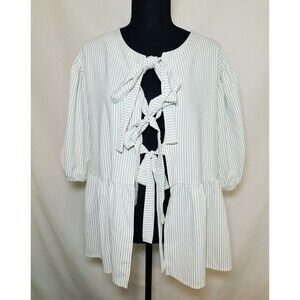 Carole Christian Seer Sucker Bow Front Puff Sleeve Green Boho Blouse Oversized S